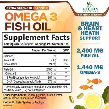Omega 3 Fish Oil 2400 mg – Triple Strength EPA & DHA | Burpless Lemon, 180 Softgels