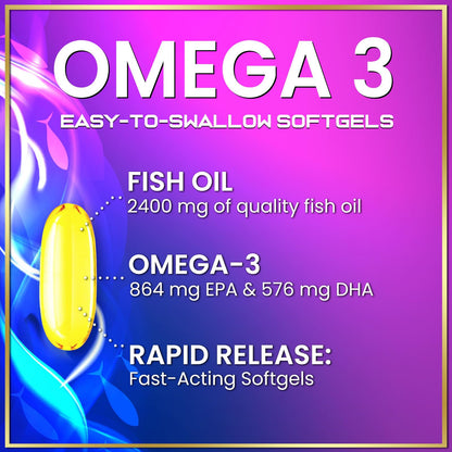 Omega-3 Fish Oil Supplements 2400mg - Triple Strength EPA & DHA | Wild-Caught, 120 Softgels
