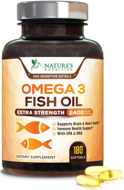 Omega 3 Fish Oil 2400 mg – Triple Strength EPA & DHA | Burpless Lemon, 180 Softgels