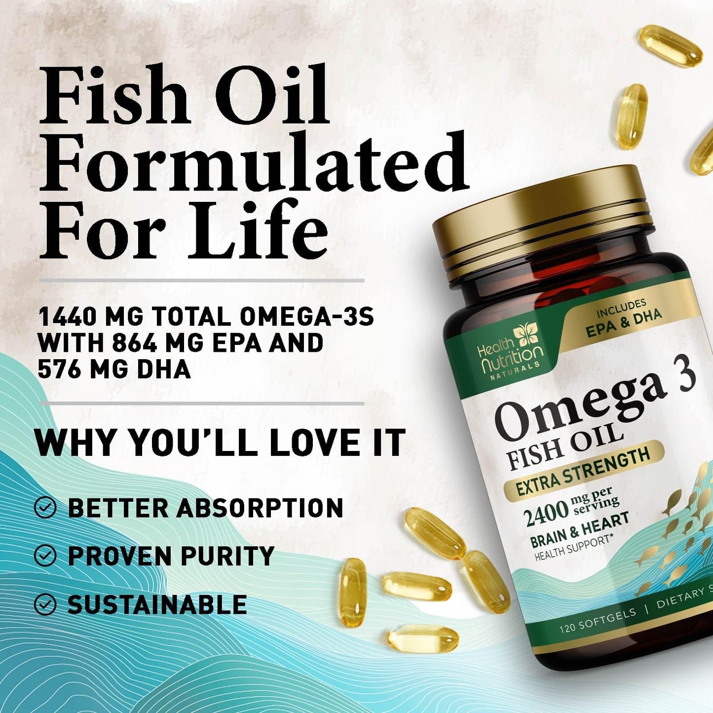 Omega 3 Fish Oil 2400 mg - Triple Strength EPA & DHA | Wild Caught Sardine