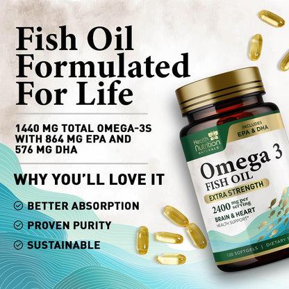 Omega 3 Fish Oil 2400 mg - Triple Strength EPA & DHA | Wild Caught Sardine
