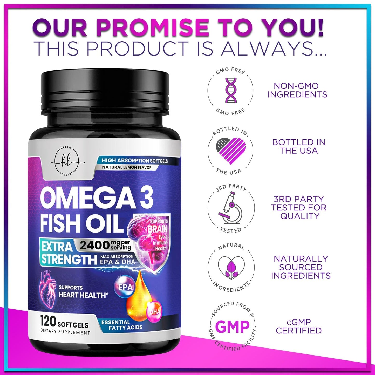 Omega-3 Fish Oil Supplements 2400mg - Triple Strength EPA & DHA | Wild-Caught, 120 Softgels