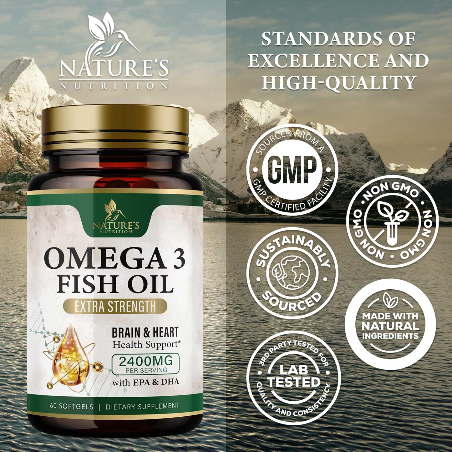 Omega-3 Fish Oil 2400 mg - Triple Strength EPA & DHA - Burpless Lemon (60 Softgels)