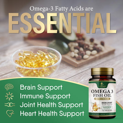 Omega-3 Fish Oil 2400 mg - Triple Strength EPA & DHA - Burpless Lemon (60 Softgels)
