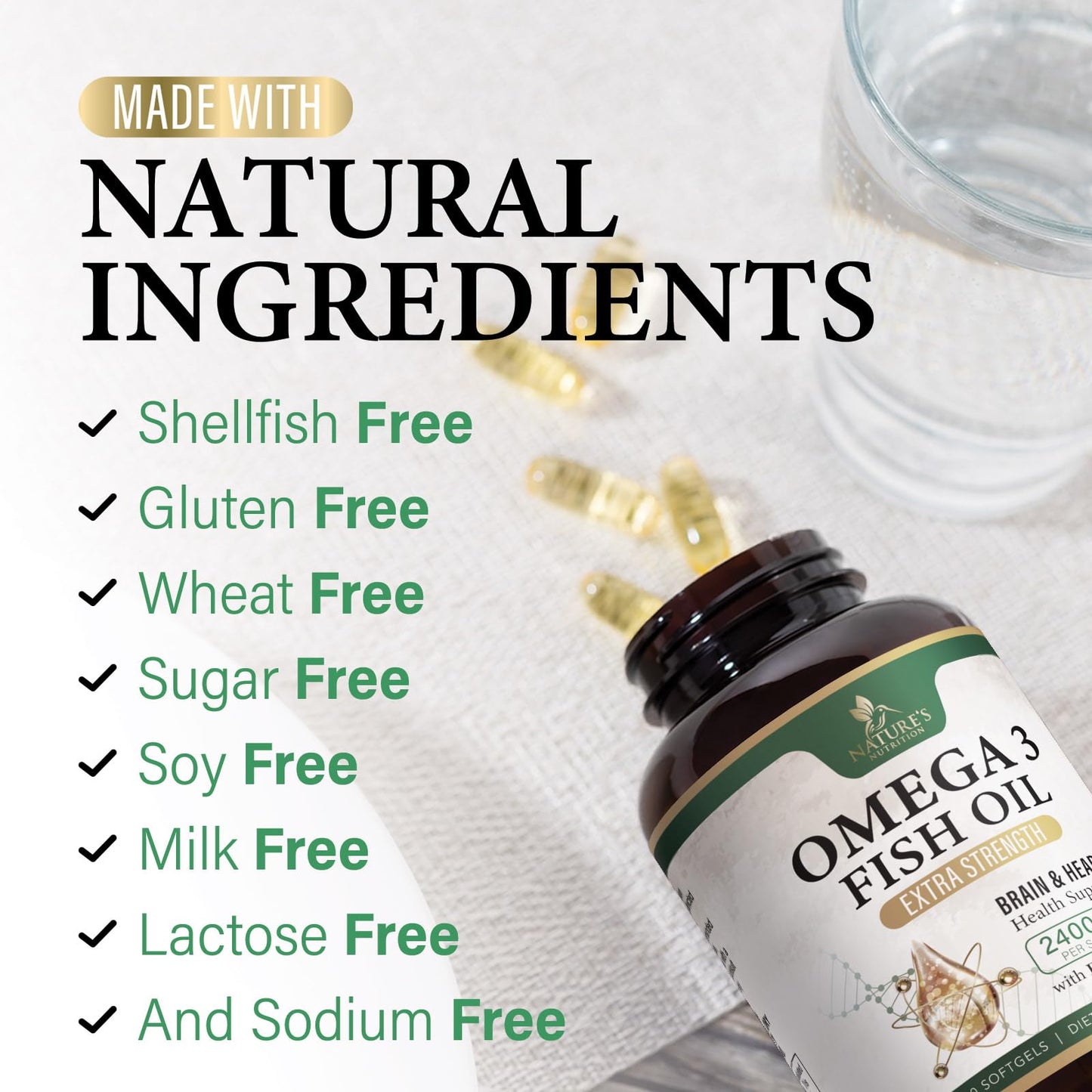 Omega-3 Fish Oil 2400 mg - Triple Strength EPA & DHA - Burpless Lemon (60 Softgels)