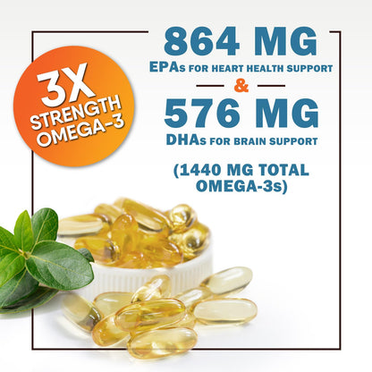 Omega 3 Fish Oil 2400 mg – Triple Strength EPA & DHA | Burpless Lemon, 180 Softgels