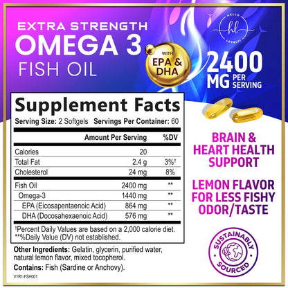 Omega-3 Fish Oil Supplements 2400mg - Triple Strength EPA & DHA | Wild-Caught, 120 Softgels