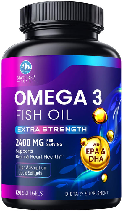 Omega 3 Fish Oil 2400 mg – Triple Strength, Sustainably Sourced | Nature's Peak | 120 Softgels