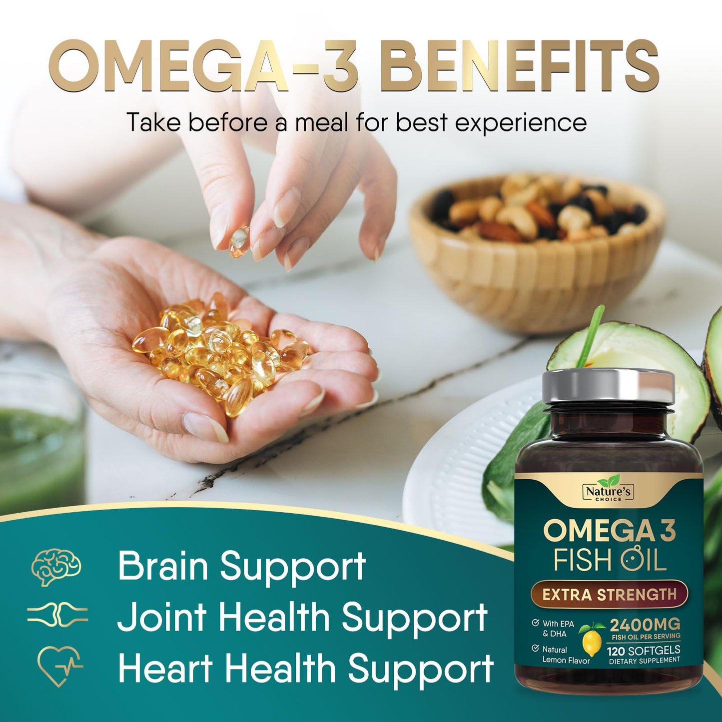 Omega-3 Fish Oil 2400 mg – Triple Strength EPA & DHA | 120 Softgels | Non-GMO, Gluten Free