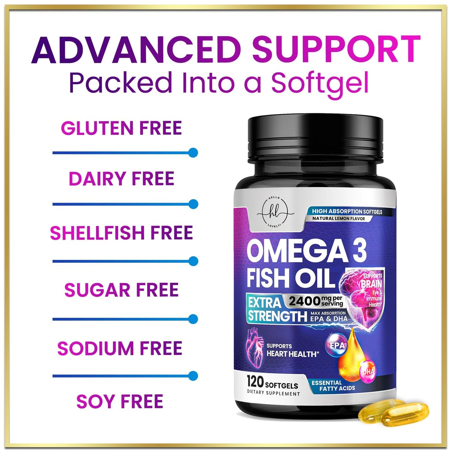 Omega-3 Fish Oil Supplements 2400mg - Triple Strength EPA & DHA | Wild-Caught, 120 Softgels