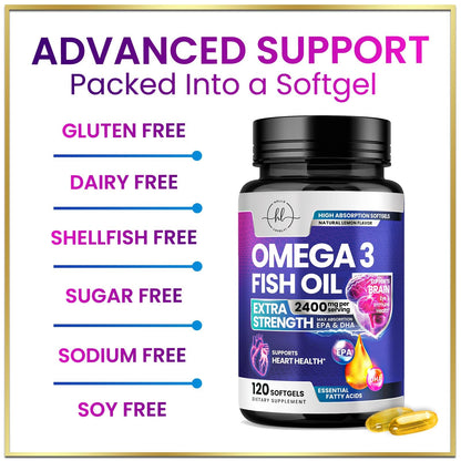 Omega-3 Fish Oil Supplements 2400mg - Triple Strength EPA & DHA | Wild-Caught, 120 Softgels