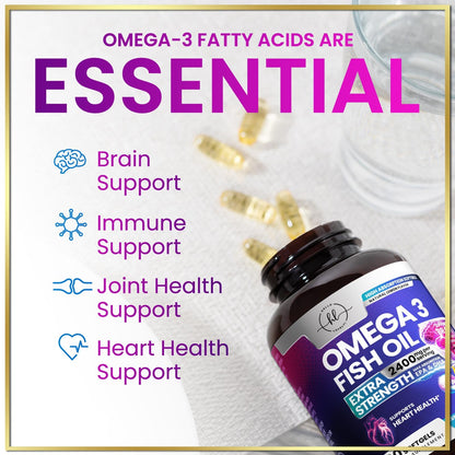 Omega-3 Fish Oil Supplements 2400mg - Triple Strength EPA & DHA | Wild-Caught, 120 Softgels