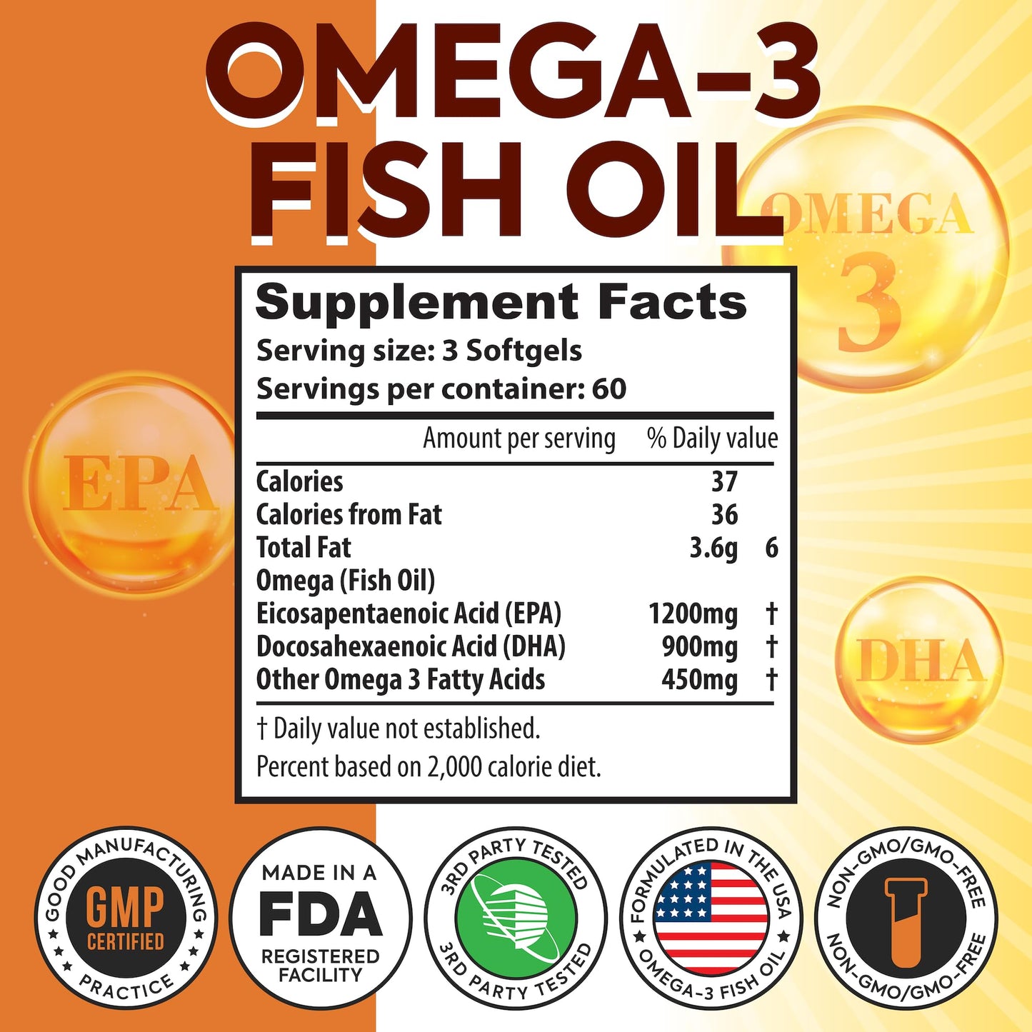 Omega 3 Fish Oil 3750mg Triple Strength – EPA 1200mg + DHA 900mg | Burpless Softgels