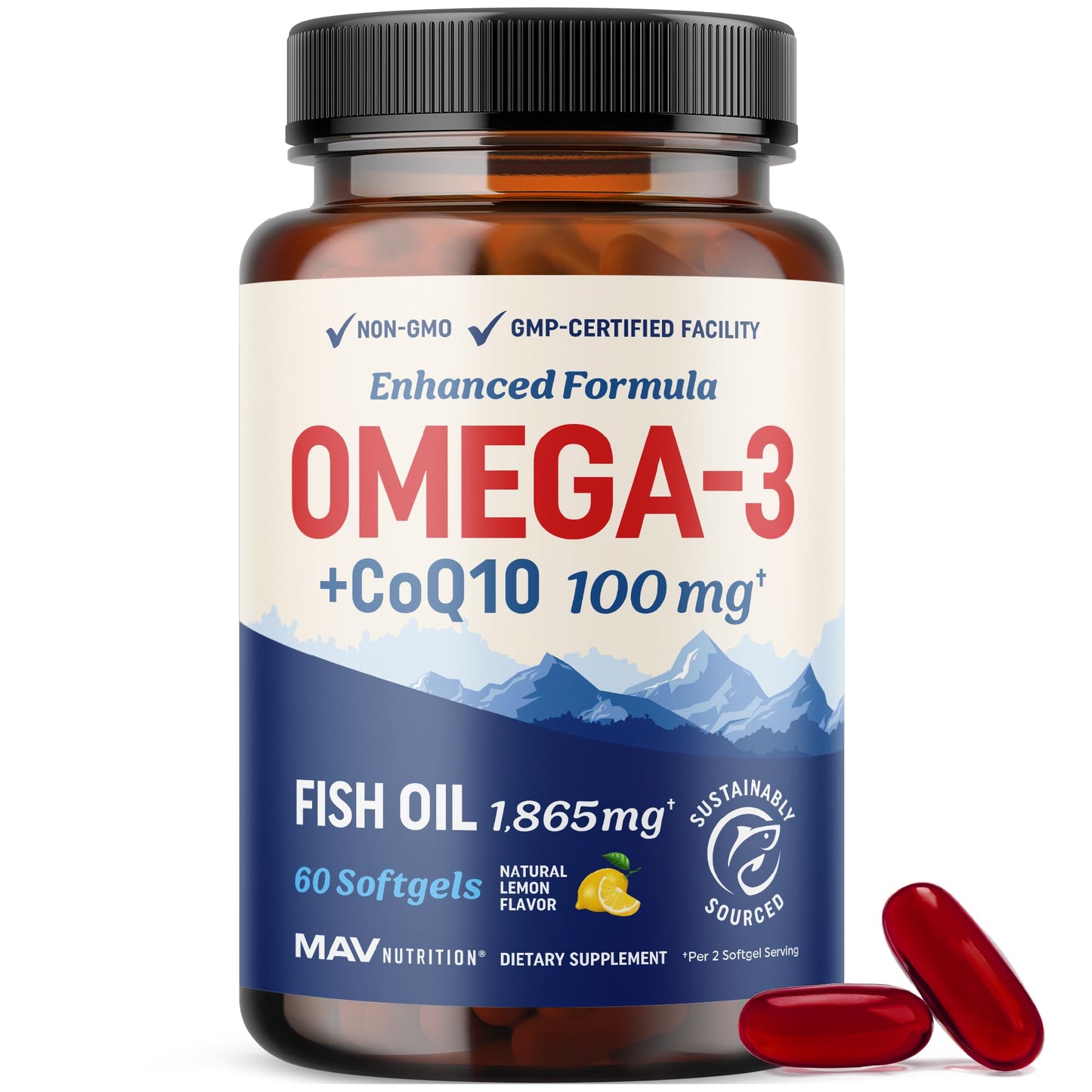 Omega 3 Fish Oil + CoQ10 – 1305mg Omega-3, 100mg CoQ10 | Heart Health | Non-GMO | 60 ct