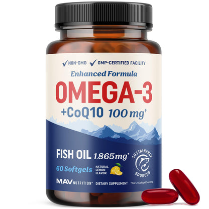 Omega 3 Fish Oil + CoQ10 – 1305mg Omega-3, 100mg CoQ10 | Heart Health | Non-GMO | 60 ct