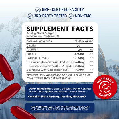 Omega 3 Fish Oil + CoQ10 – 1305mg Omega-3, 100mg CoQ10 | Heart Health | Non-GMO | 60 ct