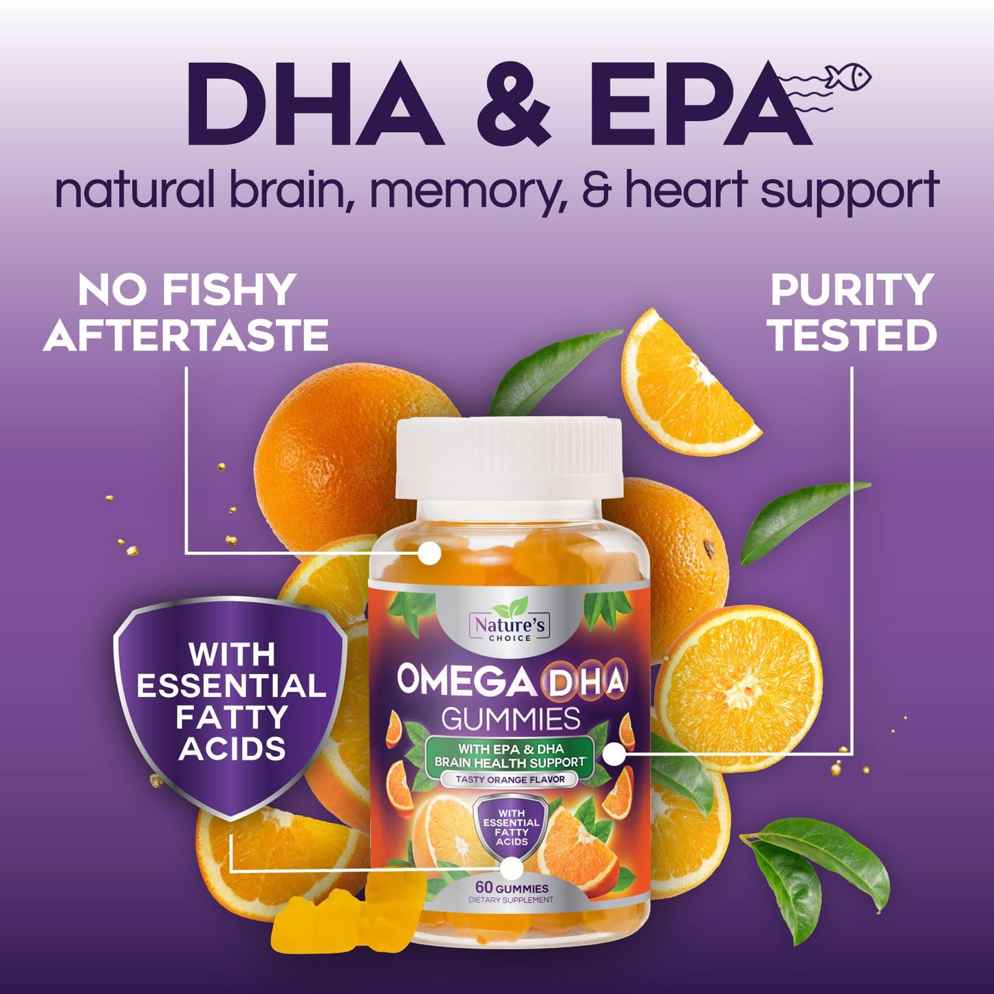 Omega 3 Fish Oil Gummies - Triple Strength DHA & EPA - Orange Flavor, 60 Gummies | Heart, Brain & Joint Health