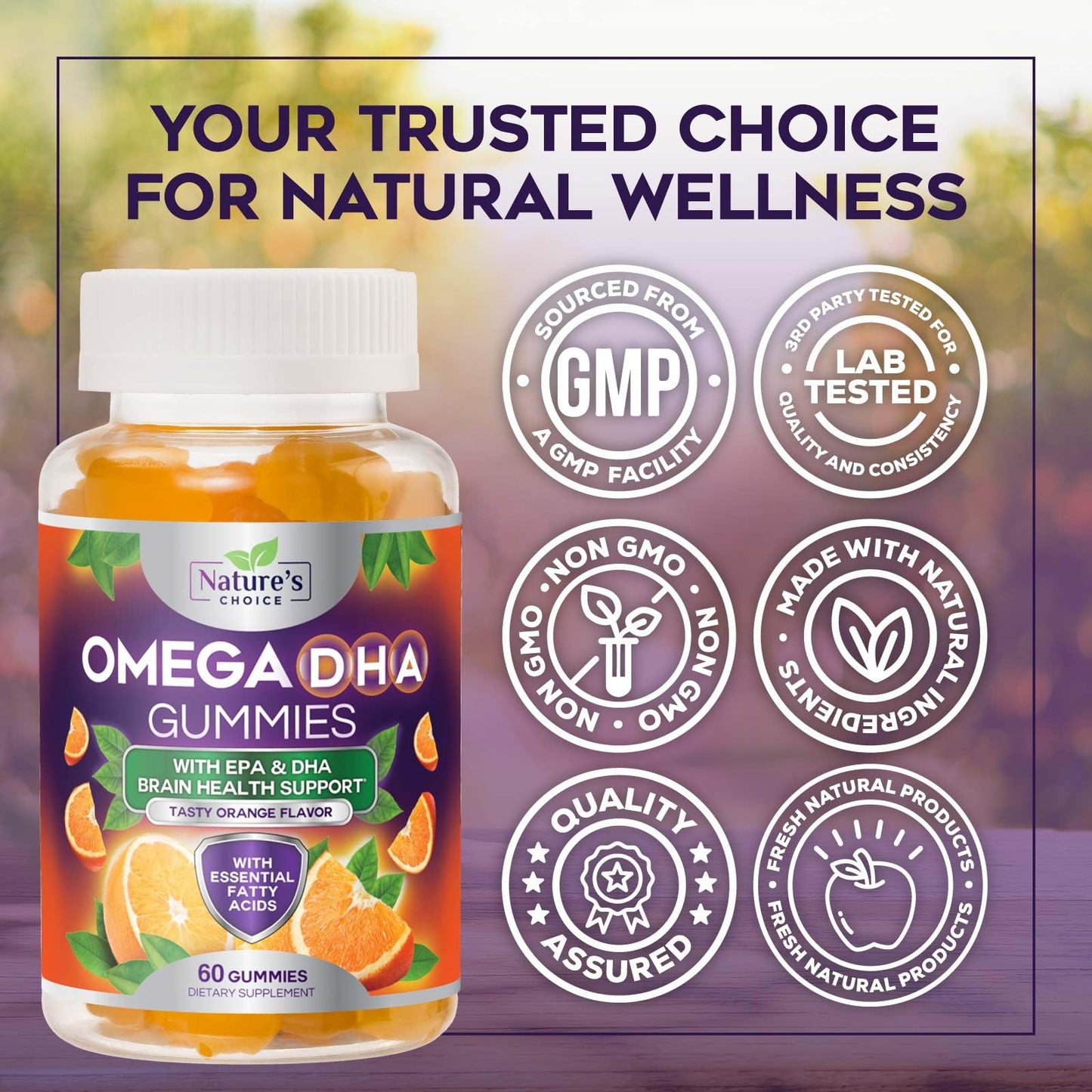 Omega 3 Fish Oil Gummies - Triple Strength DHA & EPA - Orange Flavor, 60 Gummies | Heart, Brain & Joint Health