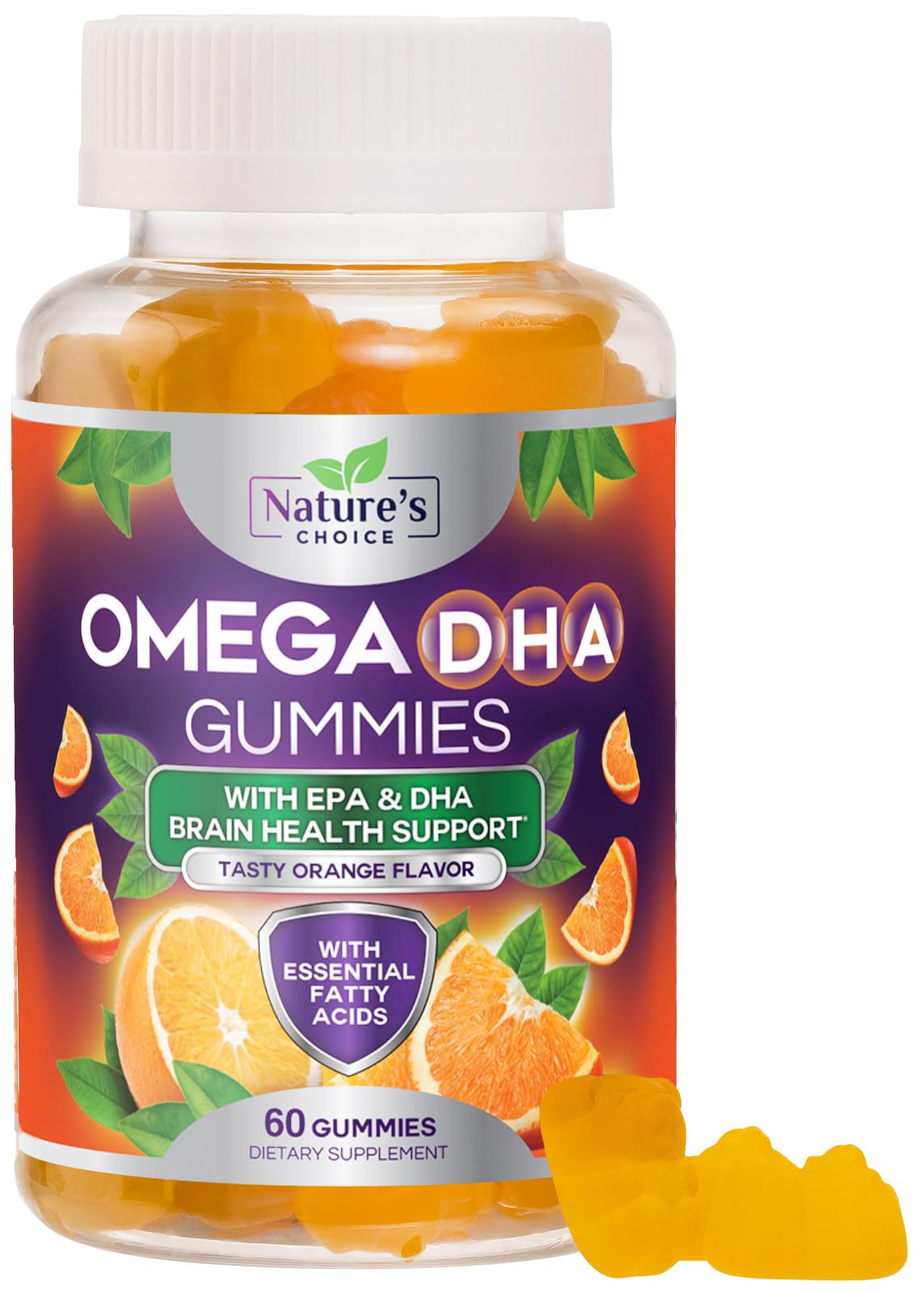 Omega 3 Fish Oil Gummies - Triple Strength DHA & EPA - Orange Flavor, 60 Gummies | Heart, Brain & Joint Health