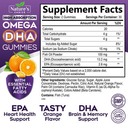 Omega 3 Fish Oil Gummies - Triple Strength DHA & EPA - Orange Flavor, 60 Gummies | Heart, Brain & Joint Health