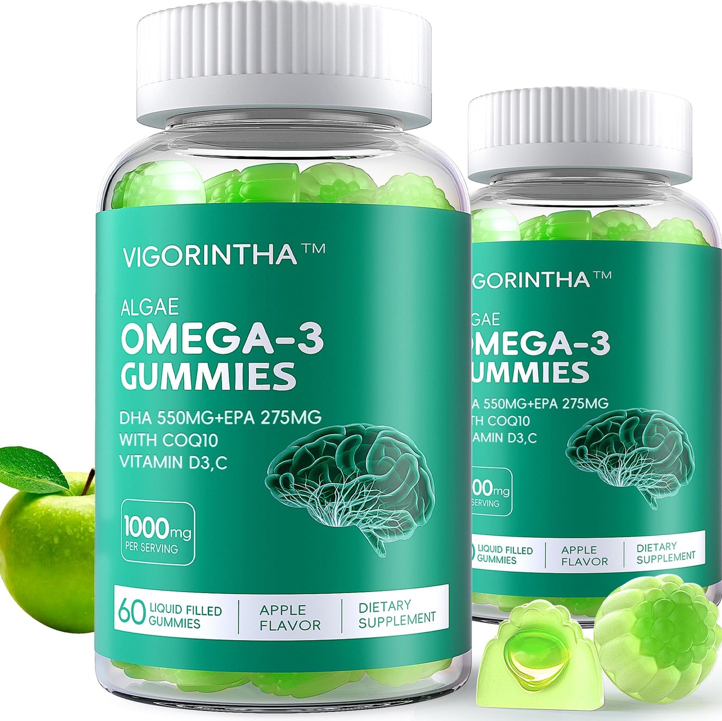 2 Pack Vegan Omega-3 Gummies with CoQ10 – Plant-Based DHA 550mg + EPA 275mg, Vitamin D3/E/C, Sugar Free, 120 Count