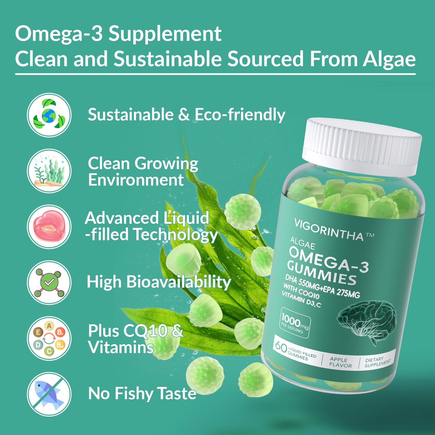 2 Pack Vegan Omega-3 Gummies with CoQ10 – Plant-Based DHA 550mg + EPA 275mg, Vitamin D3/E/C, Sugar Free, 120 Count