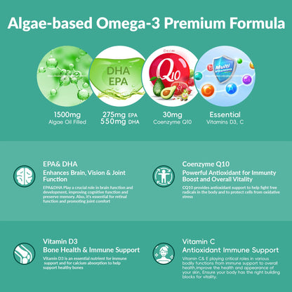 2 Pack Vegan Omega-3 Gummies with CoQ10 – Plant-Based DHA 550mg + EPA 275mg, Vitamin D3/E/C, Sugar Free, 120 Count