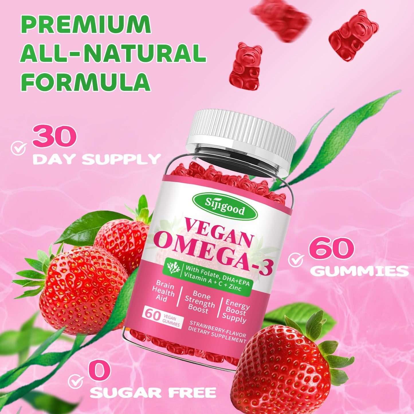 Algae Omega-3 Gummies (DHA & EPA) – Vegan, Sugar-Free, Strawberry, 60 Count