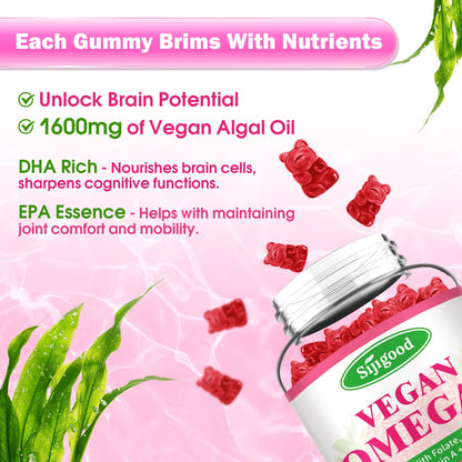 Algae Omega-3 Gummies – Vegan DHA & EPA, Sugar-Free, Strawberry, 120 Count