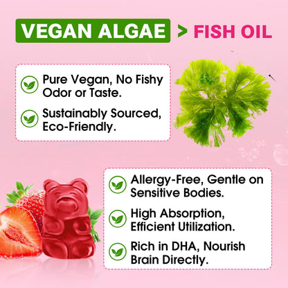 Algae Omega-3 Gummies – Vegan DHA & EPA, Sugar-Free, Strawberry, 120 Count