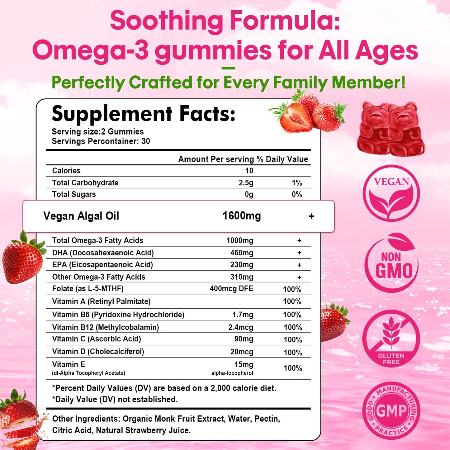 Algae Omega-3 Gummies – Vegan DHA & EPA, Sugar-Free, Strawberry, 120 Count