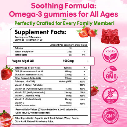 Algae Omega-3 Gummies – Vegan DHA & EPA, Sugar-Free, Strawberry, 120 Count