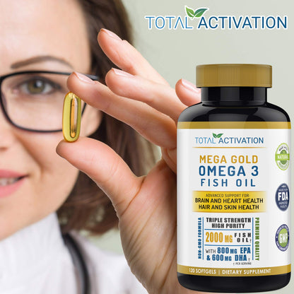 Omega 3 Fish Oil Supplement – 2000mg with EPA DHA & Vitamin E – Burpless, Triple Strength Support for Men & Women – 120 Easy Swallow Softgels