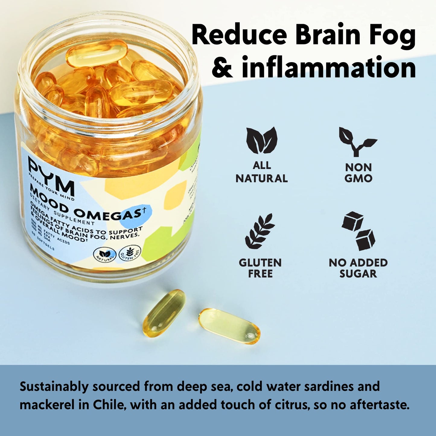 Omega-3 Supplement by PYM for Mood and Emotional Support (60 Count) | Omega-3 Fatty Acids, DHA, EPA & Vitamin E | Non-GMO, Gluten-Free, No Added Sugar