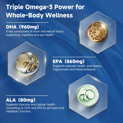 Advanced Omega-3 Fish Oil 2000mg – DHA, EPA, ALA | Heart, Brain & Joints Support – Vitamin D3 & E – 120 Softgels