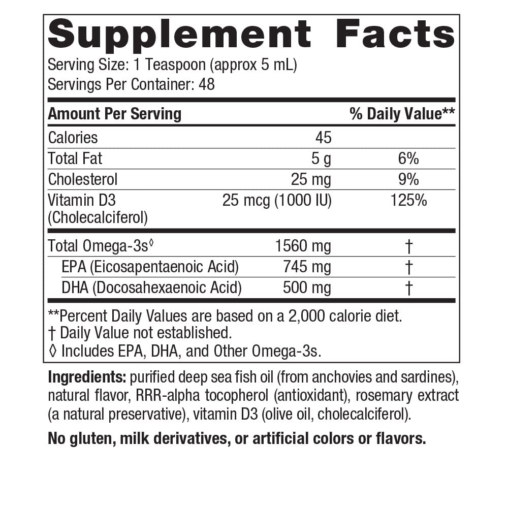 Nordic Naturals Omega-3D Lemon – 8 oz | 1560 mg Omega-3 + 1000 IU D3