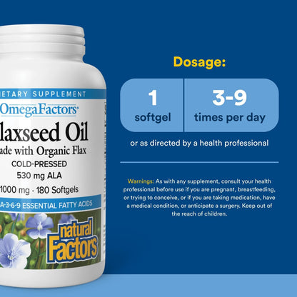 Omega Factors Flaxseed Oil by Natural Factors – 180 Softgels | Omega-3, 6 & 9