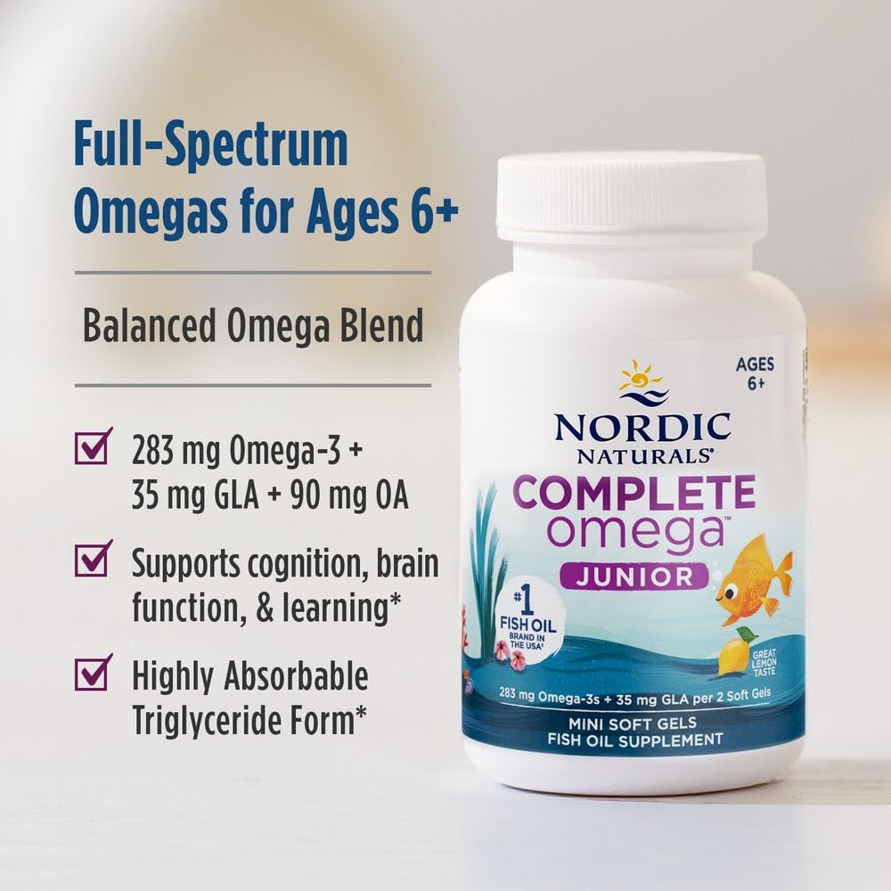 Nordic Naturals Complete Omega Jr., Lemon - 90 Mini Soft Gels - 283 mg Total Omega-3s & 35 mg GLA - Healthy Cognition, Nervous System Function - Non-GMO - 45 Servings