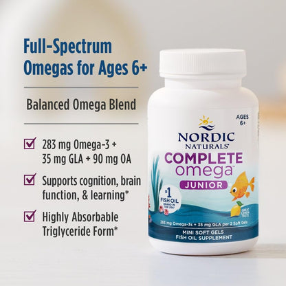 Nordic Naturals Complete Omega Jr., Lemon - 90 Mini Soft Gels - 283 mg Total Omega-3s & 35 mg GLA - Healthy Cognition, Nervous System Function - Non-GMO - 45 Servings