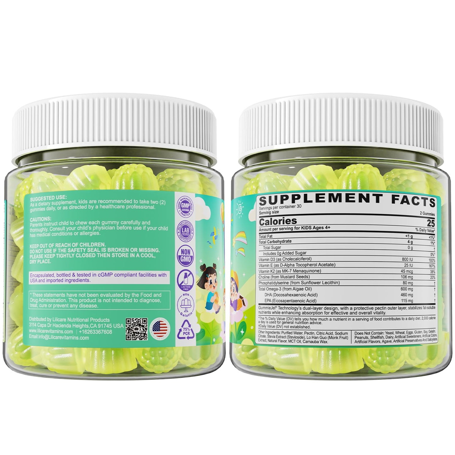 Omega-3 for Kids 4+ | Algae EPA/DHA Gummies + Vitamin D3 & K2, Zero Sugar, Lemon, 60 Count