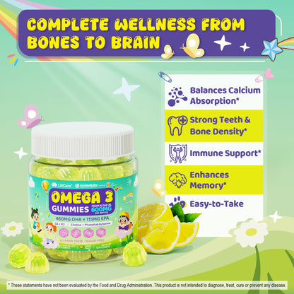 Omega-3 for Kids 4+ | Algae EPA/DHA Gummies + Vitamin D3 & K2, Zero Sugar, Lemon, 60 Count