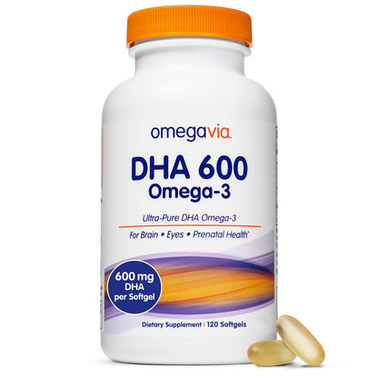 OmegaVia DHA 600 mg – Ultra Pure DHA for Brain & Eyes, Burpless, IFOS Tested, 120 Softgels