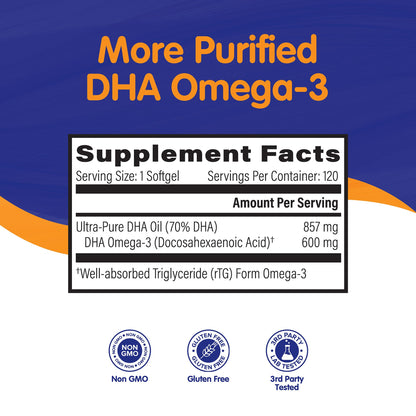 OmegaVia DHA 600 mg – Ultra Pure DHA for Brain & Eyes, Burpless, IFOS Tested, 120 Softgels