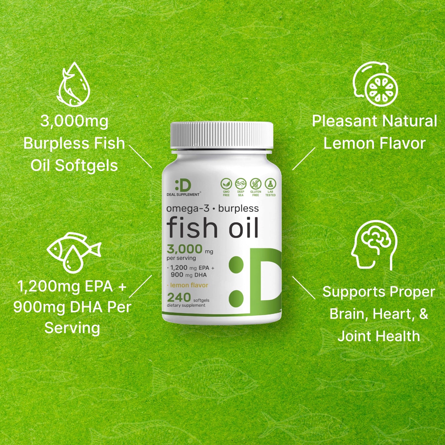 DEAL SUPPLEMENT Omega 3 Fish Oil – 3,000 mg per Serving, 240 Softgels, Burpless Lemon