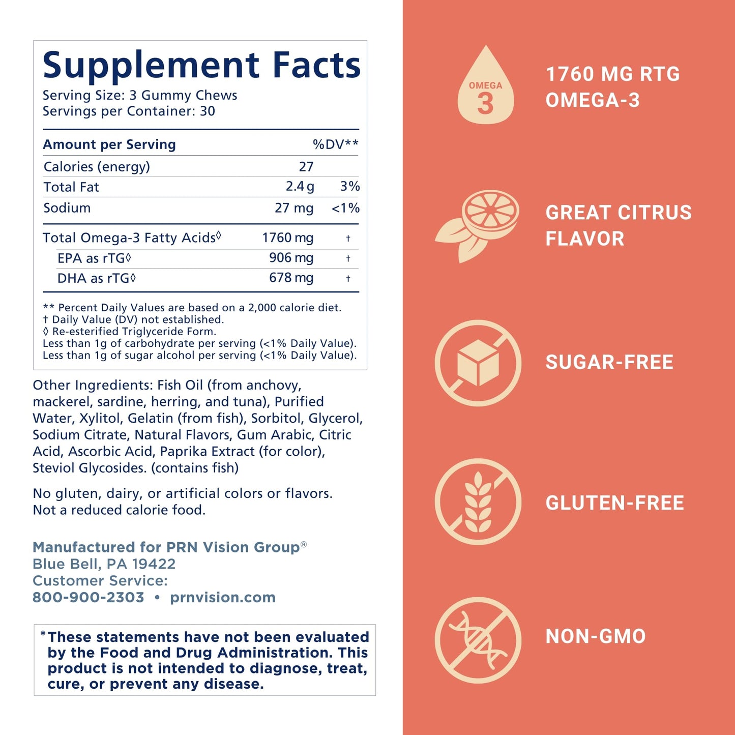 Omega 3 Gummy Chewables - 90 Gel Chews, 30-Day Citrus Supply | 1760mg Ultra-Pure rTG Omega 3