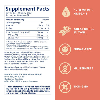 Omega 3 Gummy Chewables - 90 Gel Chews, 30-Day Citrus Supply | 1760mg Ultra-Pure rTG Omega 3