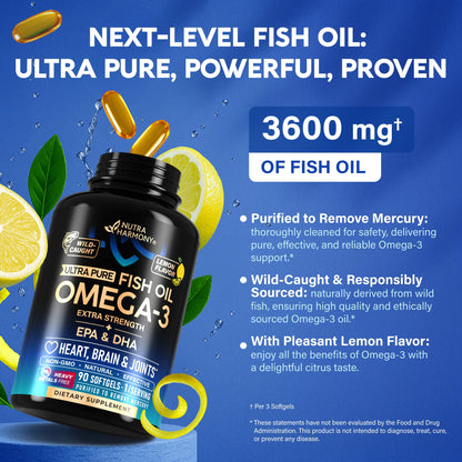 Omega 3 Fish Oil 3600 mg | EPA & DHA, Lemon Flavor, Made in USA