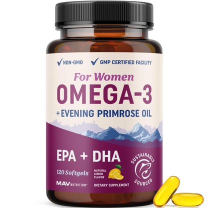 Omega 3 for Women - Fish Oil + Evening Primrose | 600mg Omega-3 + 800mg Evening Primrose | 120 Ct