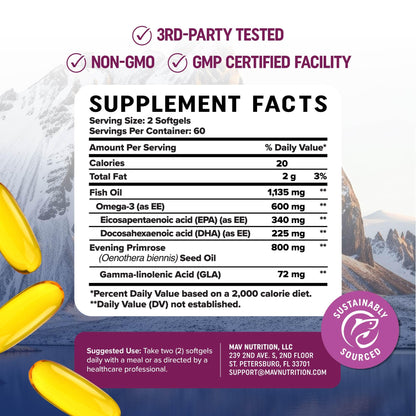 Omega 3 for Women - Fish Oil + Evening Primrose | 600mg Omega-3 + 800mg Evening Primrose | 120 Ct