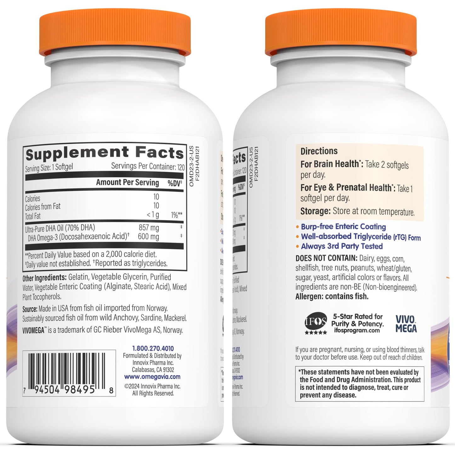 OmegaVia DHA 600 mg – Ultra Pure DHA for Brain & Eyes, Burpless, IFOS Tested, 120 Softgels